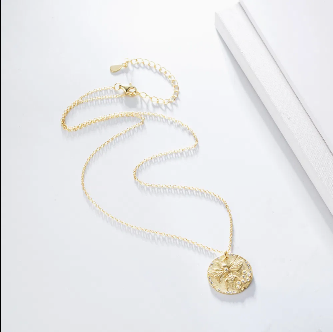 Gold Bee Coin Necklace chain and clasp detail